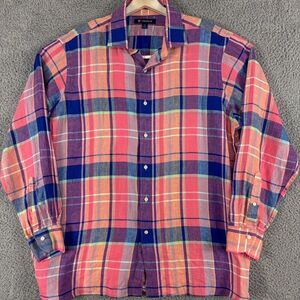 Cremieux Shirt Men XL Pink Purple Plaid Linen Office Casual Outdoor Summer Beach